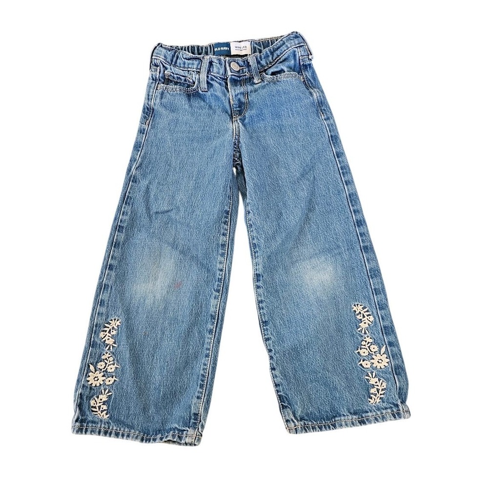 Old Navy Kids Wide Leg Floral Embroidered Jeans Light Wash Blue 5T